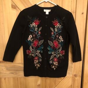 Christopher & Banks Black Floral Embroidered Button Down Sweater Size S
